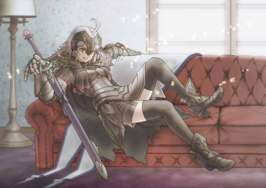 1girl, ahoge, armor, armored_boots, armored_dress, bangs, black_legwear, boots