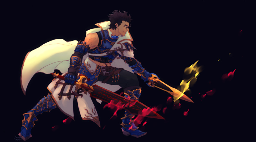 1boy, armor, armored_boots, asymmetrical_clothes, belt, black_background, black_hair, boots