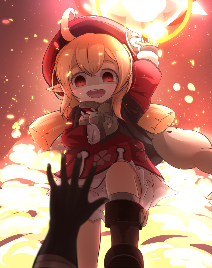 1girl, 1other, bangs, blonde_hair, boots, child, clover, commentary_request, crazy_eyes, dorongbug, energy_ball, from_below, genshin_impact, hat, highres, incoming_attack, klee_(genshin_impact), korean_commentary, open_mouth, partial_commentary, pointy_ears, pov, pov_hands, red_eyes, sidelocks, smile, socks, solo_focus, stepped_on