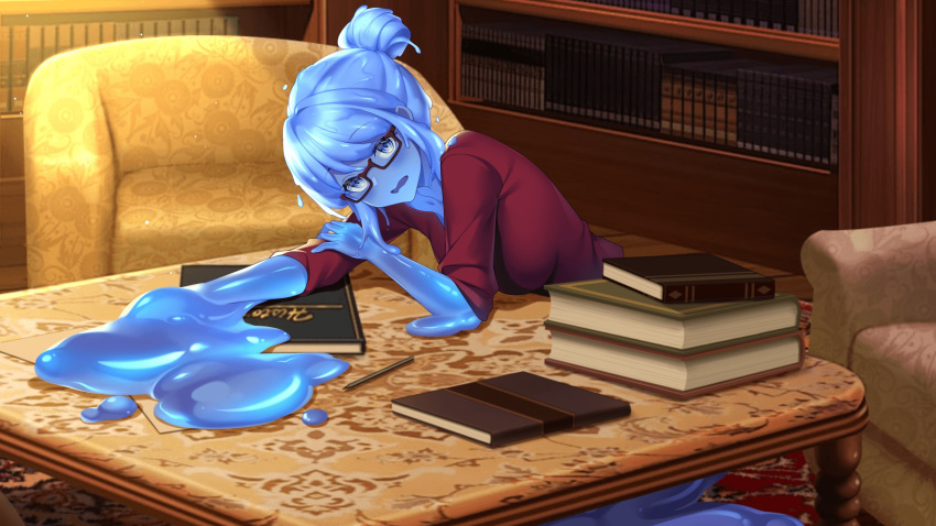 1girl, absurdres, armchair, blue_eyes, blush, book, book_stack, bookshelf