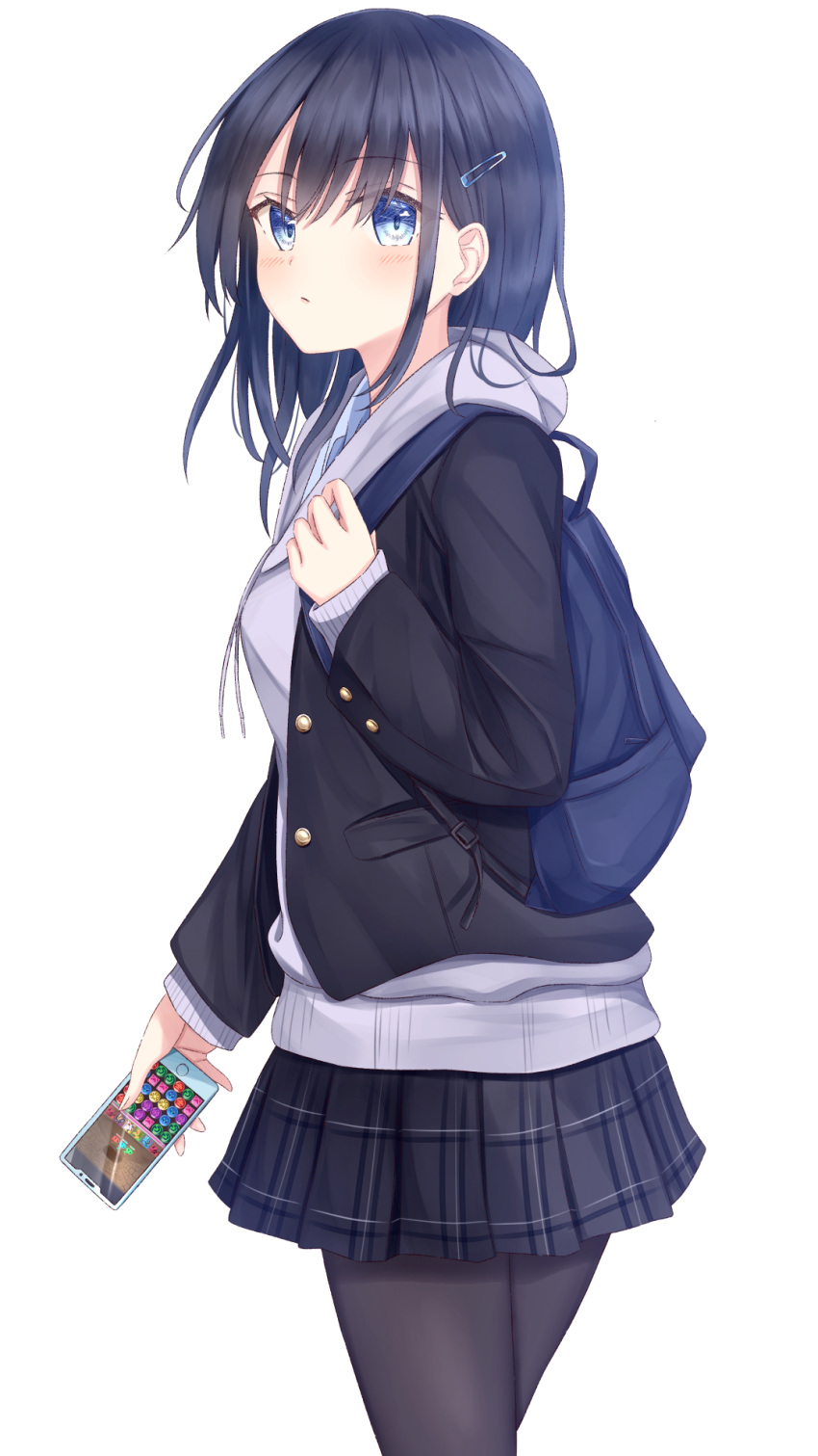 1girl, backpack, bag, bangs, black_legwear, blazer, blue_eyes, blue_hair, blue_skirt, buttons, cellphone, closed_mouth, cowboy_shot, drawstring, eyebrows_visible_through_hair, grey_hoodie, hair_ornament, hairclip, highres, holding, holding_phone, hood, hoodie, jacket, layered_clothing, long_sleeves, medium_hair, miniskirt, original, pantyhose, phone, plaid, plaid_skirt, puzzle_&amp;_dragons, school_uniform, senri_(senri_sen), simple_background, skirt, smartphone, solo, uniform, video_game, white_background