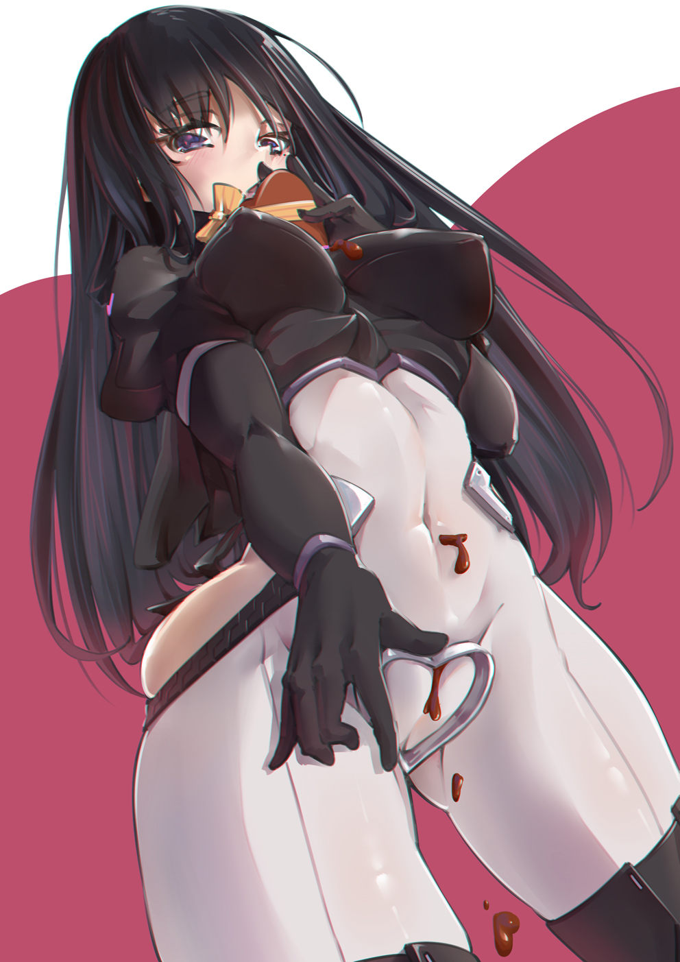 1girl, alice_gear_aegis, black_hair, bodysuit, breasts, candy, chocolate, chocolate_heart