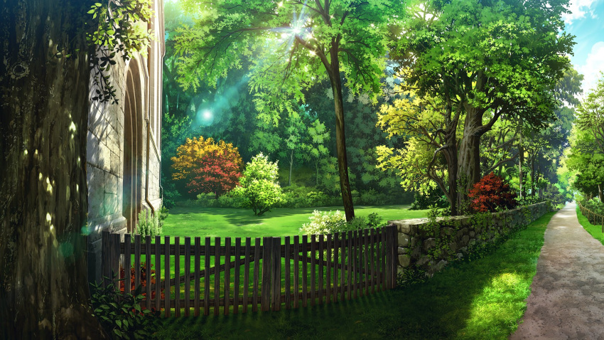 artist_request, bush, clouds, english_commentary, existence, fence, game_cg, grass