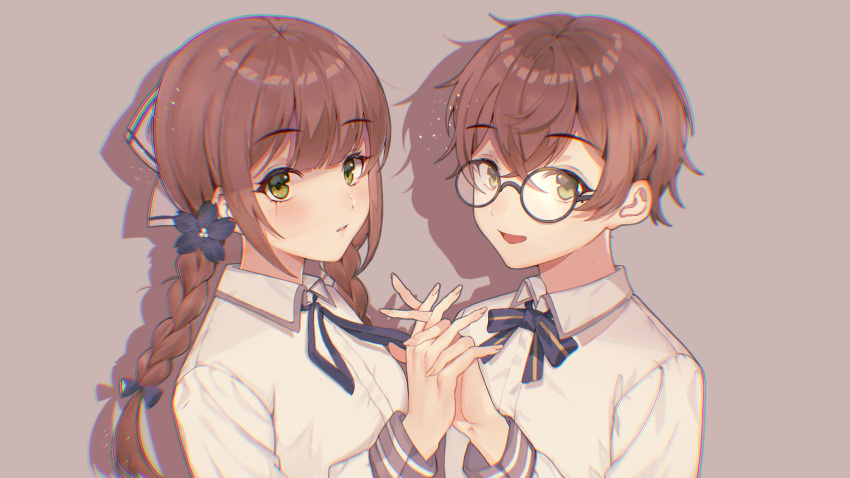 1boy, 1girl, blue_bow, blue_flower, blue_ribbon, bow, braid, brother_and_sister, brown_hair, collared_shirt, eyebrows_visible_through_hair, flower, glasses, green_eyes, hair_between_eyes, hair_bow, hair_flower, hair_ornament, highres, holding_hands, long_sleeves, neck_ribbon, open_mouth, original, ribbon, round_eyewear, shirt, short_hair, siblings, smile, tadanogomi, twin_braids, visible_ears, white_shirt