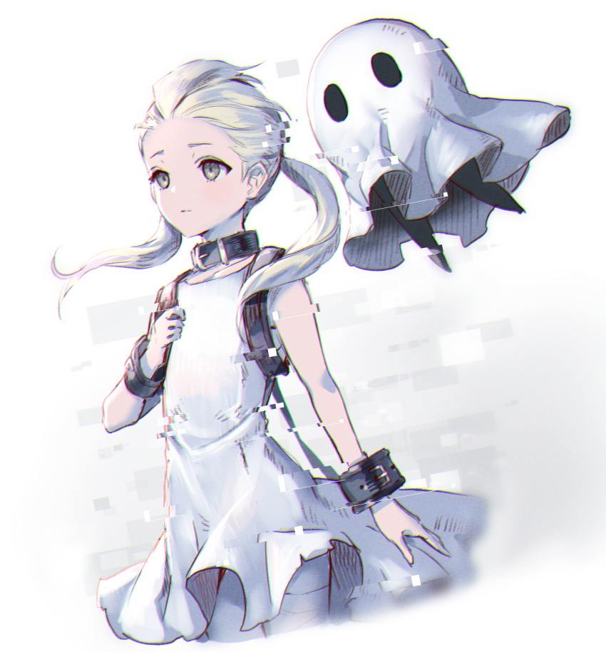 1girl, bandaged_leg, bandages, bare_arms, bare_shoulders, black_collar, closed_mouth, collar