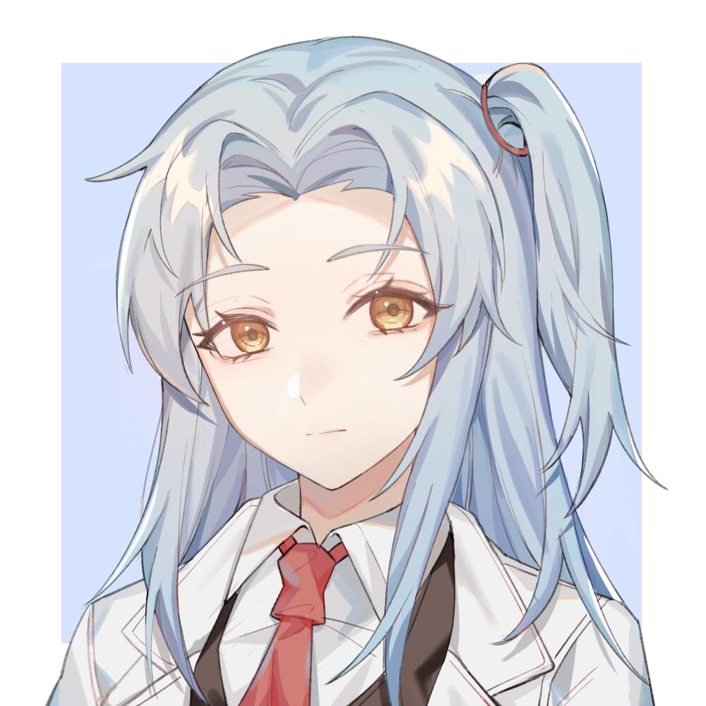 1girl, angela_(lobotomy_corporation), closed_mouth, coat, collared_shirt, eyebrows_visible_through_hair, hair_tie, light_blue_hair, lobotomy_corporation, necktie, open_clothes, open_coat, red_neckwear, shirt, side_ponytail, simple_background, solo, tadanogomi, upper_body, white_coat, white_shirt, yellow_eyes