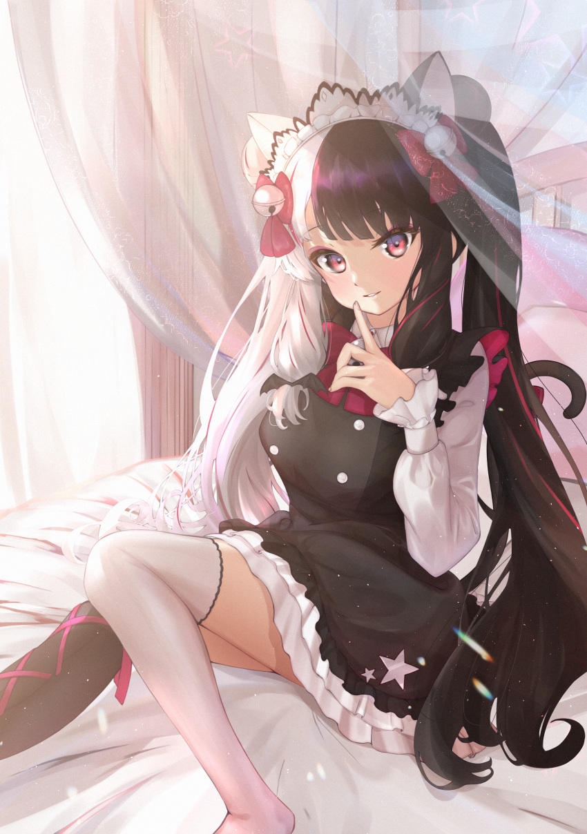 1girl, absurdres, ahoge, animal_ears, apron, bangs, bed, bell