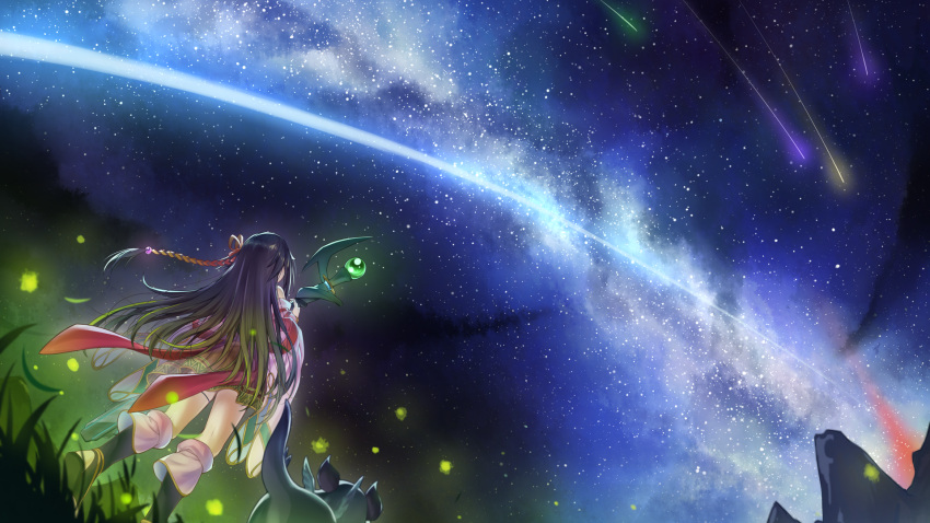 1girl, back_bow, bow, braid, crowned_by_the_world_chalice, detached_sleeves, duel_monster, fireflies, from_behind, grass, hair_ornament, highres, holding, holding_staff, kneehighs, long_hair, night, night_sky, outdoors, purple_hair, sandals, scenery, shooting_star, shun_no_shun, sky, staff, standing, star_(sky), starry_sky, world_chalice_guardragon, yu-gi-oh!