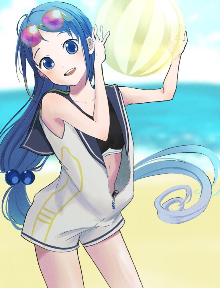1girl, :d, alternate_costume, ball, beachball, blue_eyes, blue_hair, cowboy_shot, eyewear_on_head, head_tilt, holding, holding_ball, holding_beachball, kantai_collection, long_hair, looking_at_viewer, noborito_toto, open_mouth, samidare_(kancolle), smile, solo, sunglasses, very_long_hair