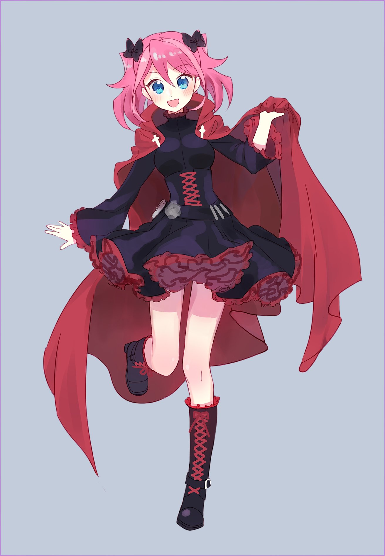 1girl, :d, bangs, belt_boots, black_bow, black_dress, black_footwear, blue_eyes