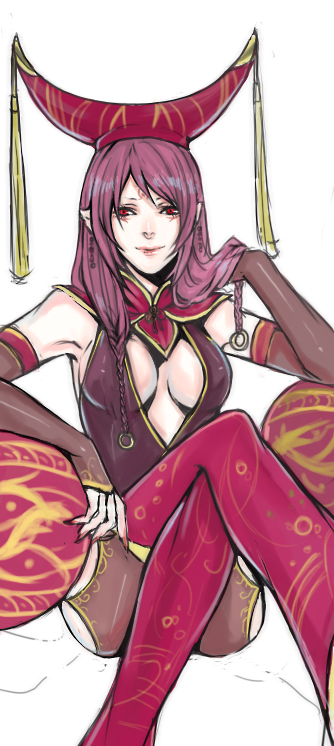 bare_shoulders, cleavage, da_ji, detached_sleeves, female, hat, kmdzm, long_hair