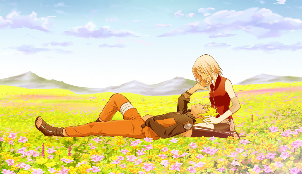 1boy, 1girl, bike_shorts, black_shorts, couple, day, eye_contact, field, flower, flower_field, from_side, full_body, haruno_sakura, hetero, jacket, lap_pillow, long_sleeves, looking_at_another, lying, nanji3, naruto_(series), naruto_shippuuden, on_back, orange_pants, outdoors, parted_lips, pink_flower, pink_hair, red_jacket, short_hair, short_shorts, shorts, sitting, sleeveless, sleeveless_jacket, smile, uzumaki_naruto, wariza, yellow_flower
