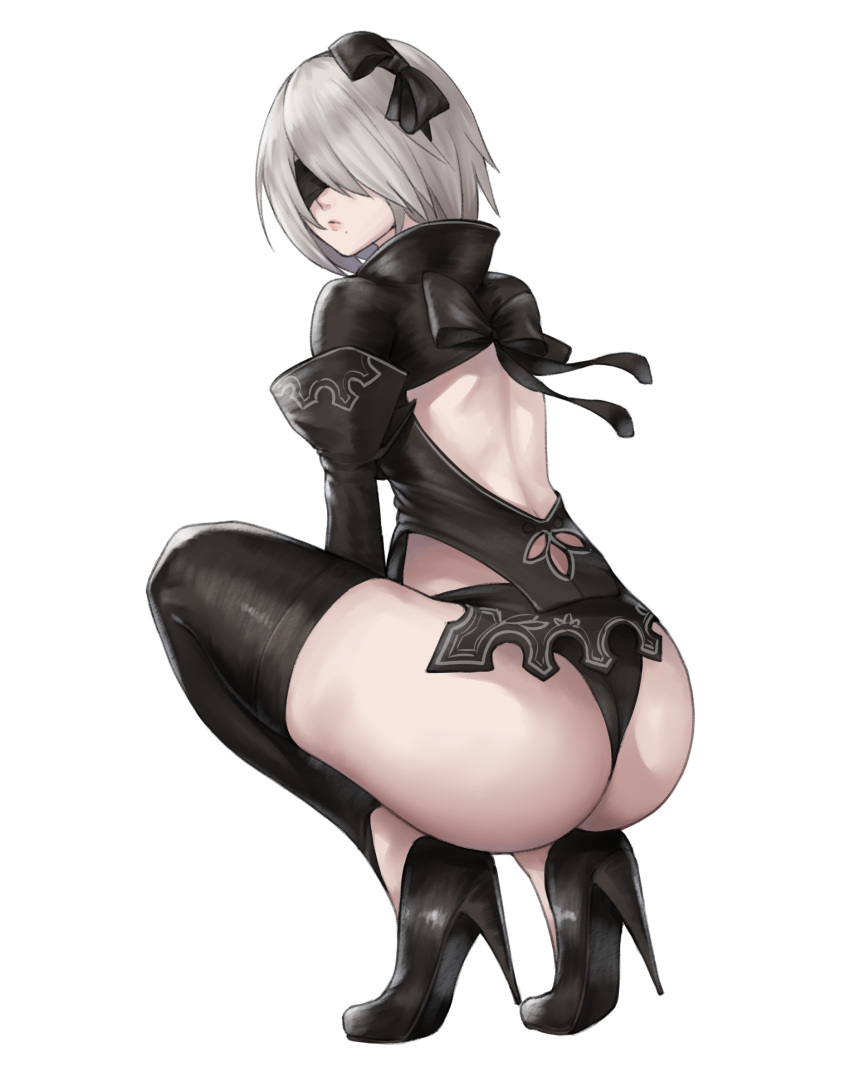 1girl, ass, back_cutout, black_blindfold, black_bow, black_footwear, black_gloves, black_legwear, black_panties, black_shirt, blindfold, bow, clothing_cutout, commentary_request, facing_viewer, from_side, full_body, gloves, hair_bow, high_heels, highres, looking_to_the_side, mole, mole_under_mouth, nier_(series), nier_automata, nier_reincarnation, nyatokanyaru, panties, shirt, silver_hair, simple_background, solo, squatting, thigh-highs, underwear, white_background, yorha_no._2_type_b