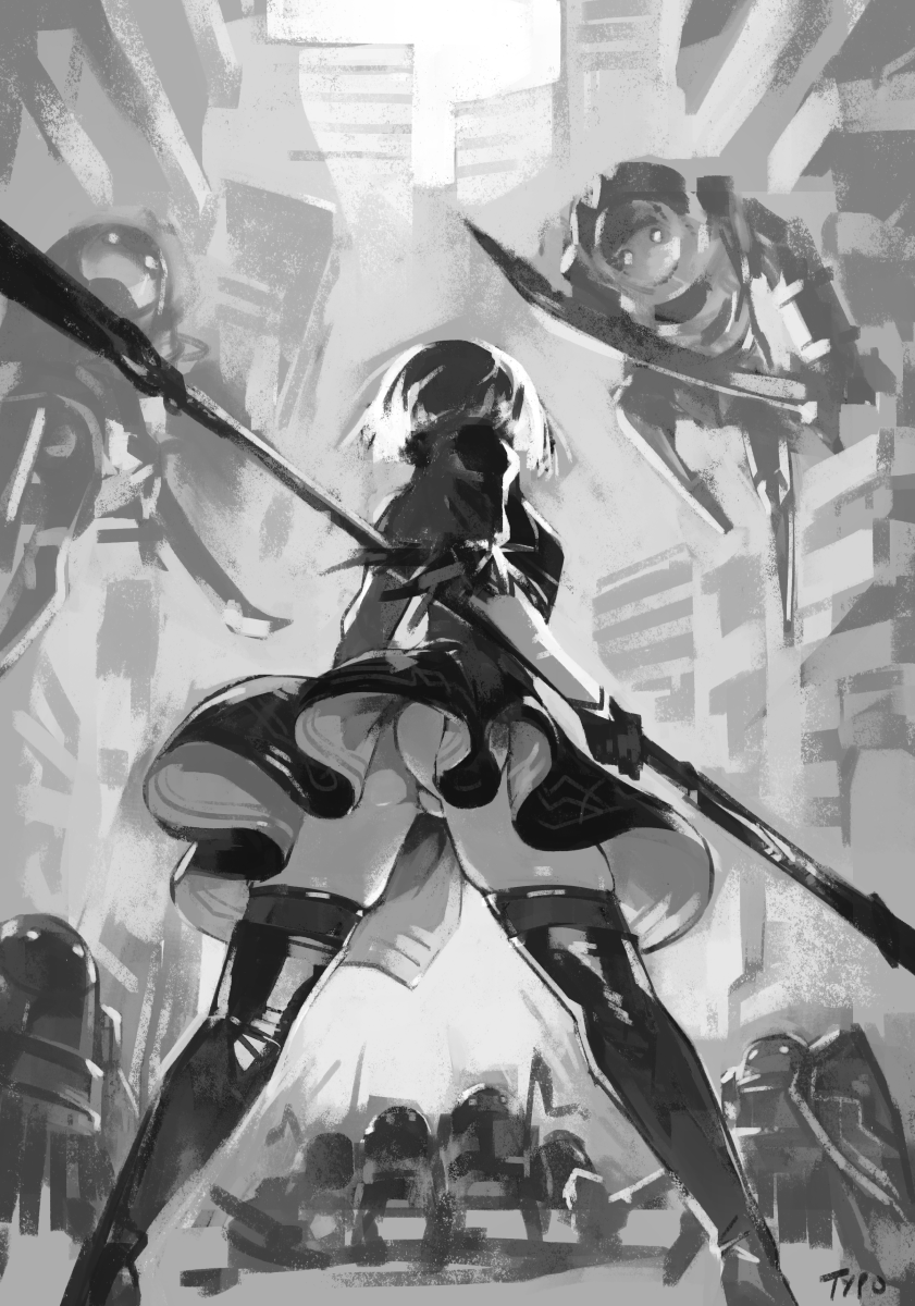 1girl, 6+others, ass, black_dress, boots, breasts, dress, english_commentary, feather-trimmed_sleeves, feather_trim, from_behind, highres, holding, holding_spear, holding_weapon, incoming_attack, juliet_sleeves, legs_apart, leotard, leotard_under_clothes, long_sleeves, machine_(nier), medium_breasts, multiple_others, nier_(series), nier_automata, optionaltypo, polearm, puffy_sleeves, shield, short_hair, skindentation, solo_focus, spear, standing, sword, thick_thighs, thigh-highs, thigh_boots, thighhighs_under_boots, thighs, thong_leotard, upskirt, vambraces, weapon, yorha_no._2_type_b