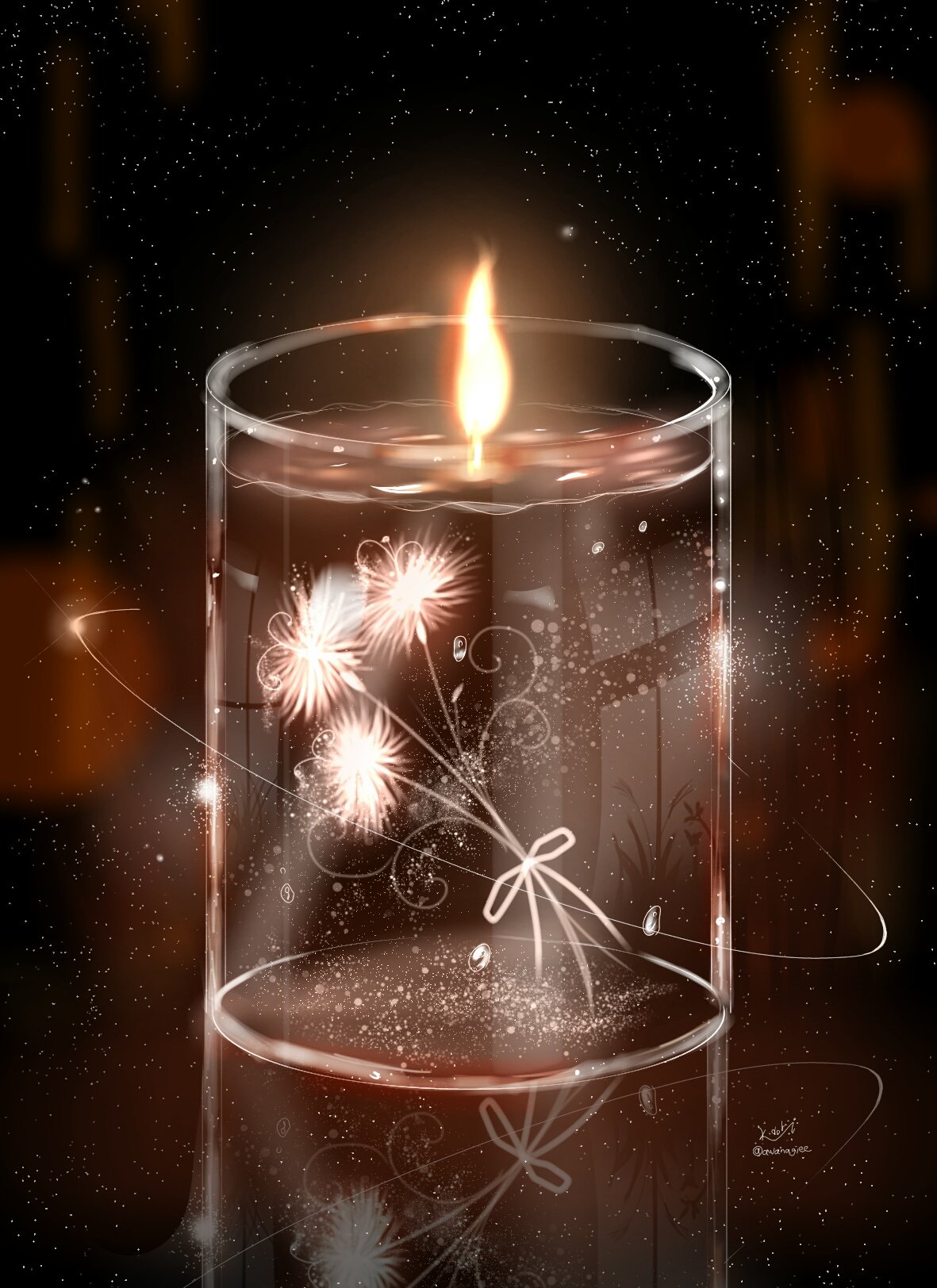 awanagiee, bottle, candle, dandelion, flower, glass, highres, night, no_humans, original, scenery, signature, sky, still_life