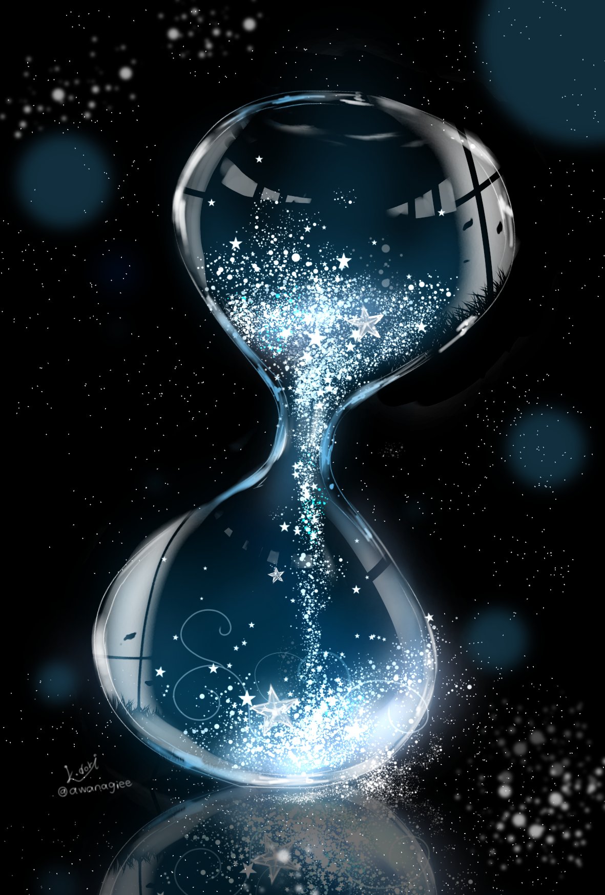 awanagiee, fantasy, glass, highres, hourglass, night, no_humans, original
