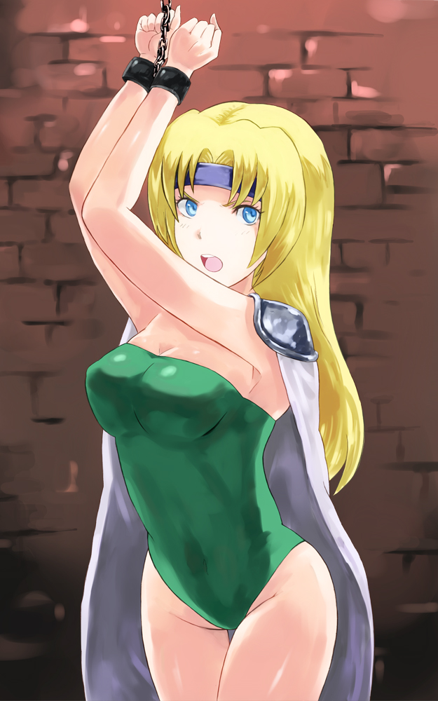 arms_up, blonde_hair, blue_eyes, bondage, cape, celes_chere, female, final_fantasy, final_fantasy_vi, headband, jyairo, leotard, long_hair, open_mouth, shoulder_pads, solo