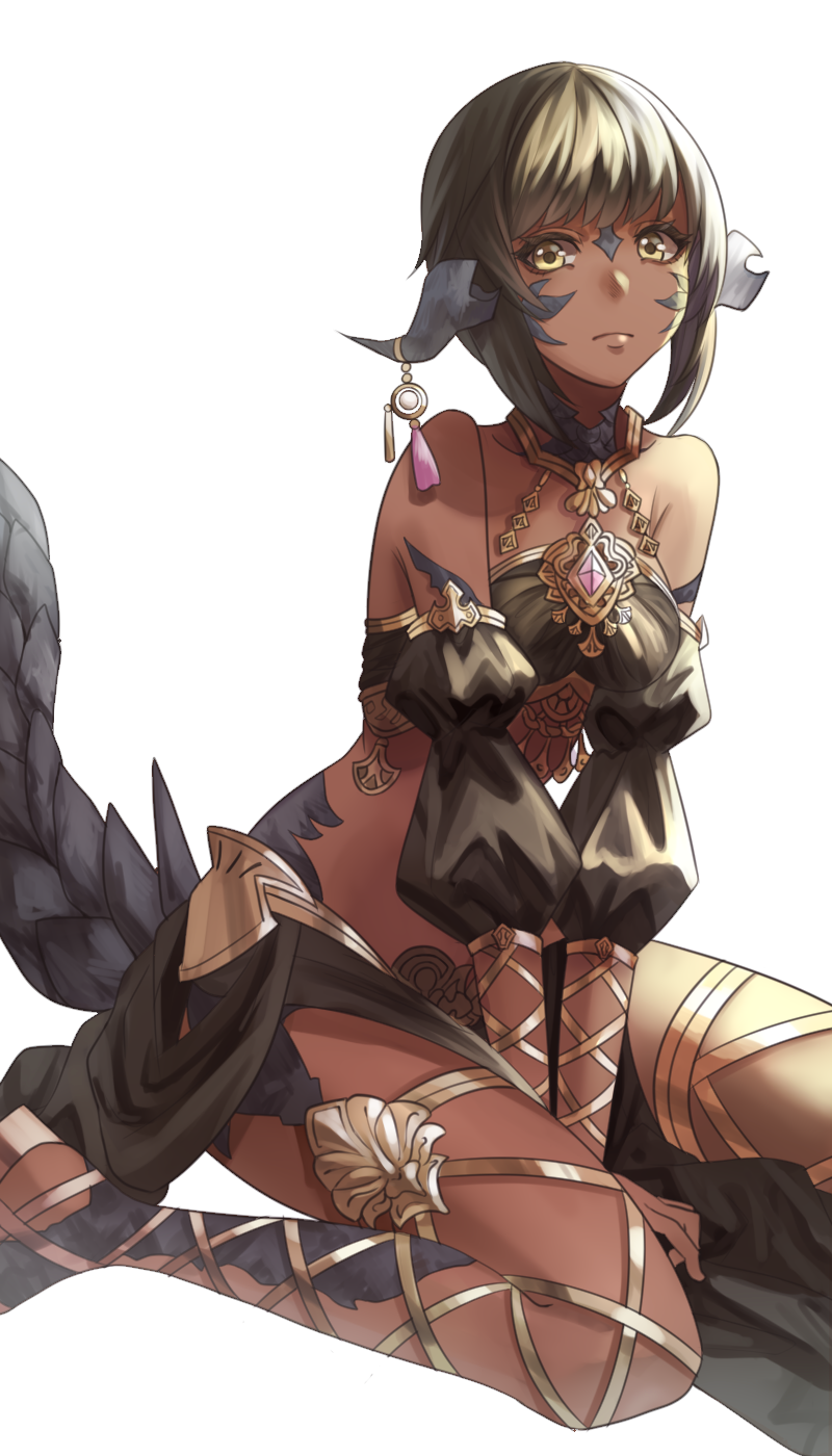 arms_between_legs, au_ra, bangs, bare_shoulders, black_hair, breasts, crop_top, dancer_(final_fantasy)