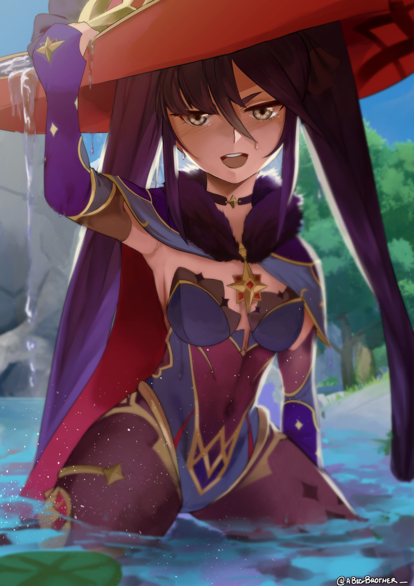 1girl, aqua_eyes, bangs, bare_shoulders, big_brother, black_gloves, black_hair, black_legwear, blue_cape, blue_headwear, blue_leotard, bodystocking, breasts, cape, choker, covered_navel, detached_sleeves, earrings, elbow_gloves, fur_collar, genshin_impact, gloves, gold_trim, hat, hat_ornament, highleg, highleg_leotard, highres, jewelry, leotard, long_hair, looking_at_viewer, medium_breasts, mona_(genshin_impact), open_mouth, pantyhose, smile, star_(symbol), star_earrings, thighlet, thighs, twintails, wading, water, wet, witch_hat