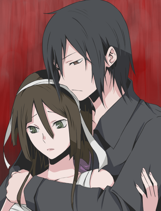 1girl, anag0, back_hug, black_hair, brown_eyes, couple, durarara!!, green_eyes