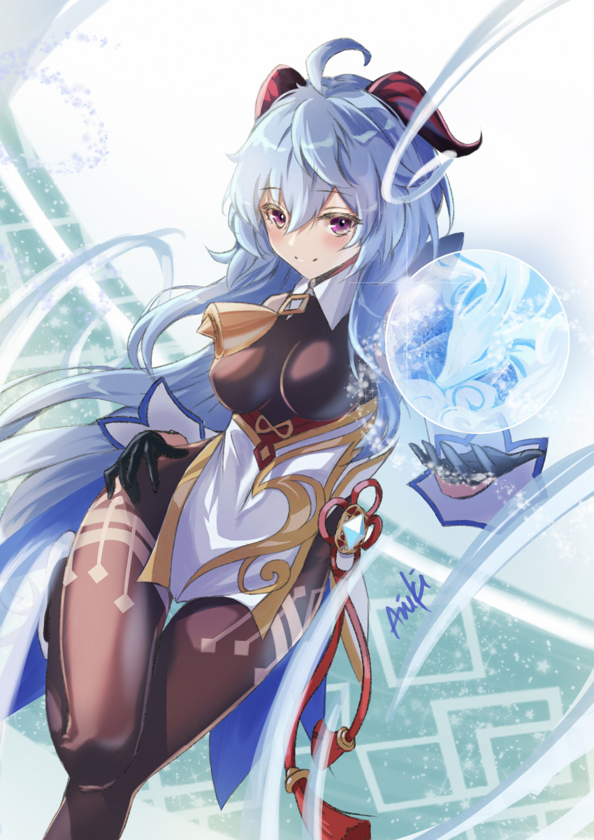 1girl, absurdres, ahoge, aniki_(aniki90), artist_name, bangs, bell, black_gloves, black_legwear, blue_hair, blush, bodystocking, breasts, closed_mouth, cowbell, curled_horns, eyebrows_visible_through_hair, floating, floating_object, flower_knot, ganyu_(genshin_impact), genshin_impact, gloves, hair_between_eyes, hand_on_hip, hand_up, highres, horns, leg_up, long_hair, long_sleeves, looking_at_viewer, medium_breasts, navel, pelvic_curtain, sidelocks, smile, solo, tassel, violet_eyes