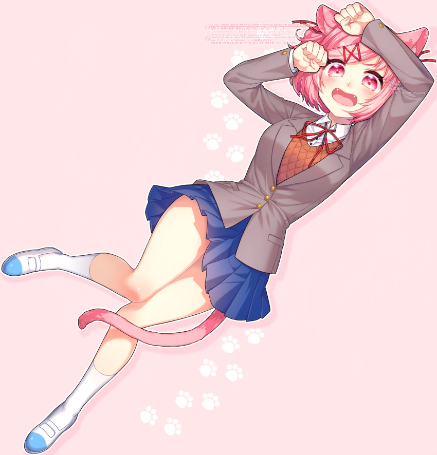 1girl, animal_ear_fluff, animal_ears, arm_up, bangs, blue_skirt, breasts, cat_day