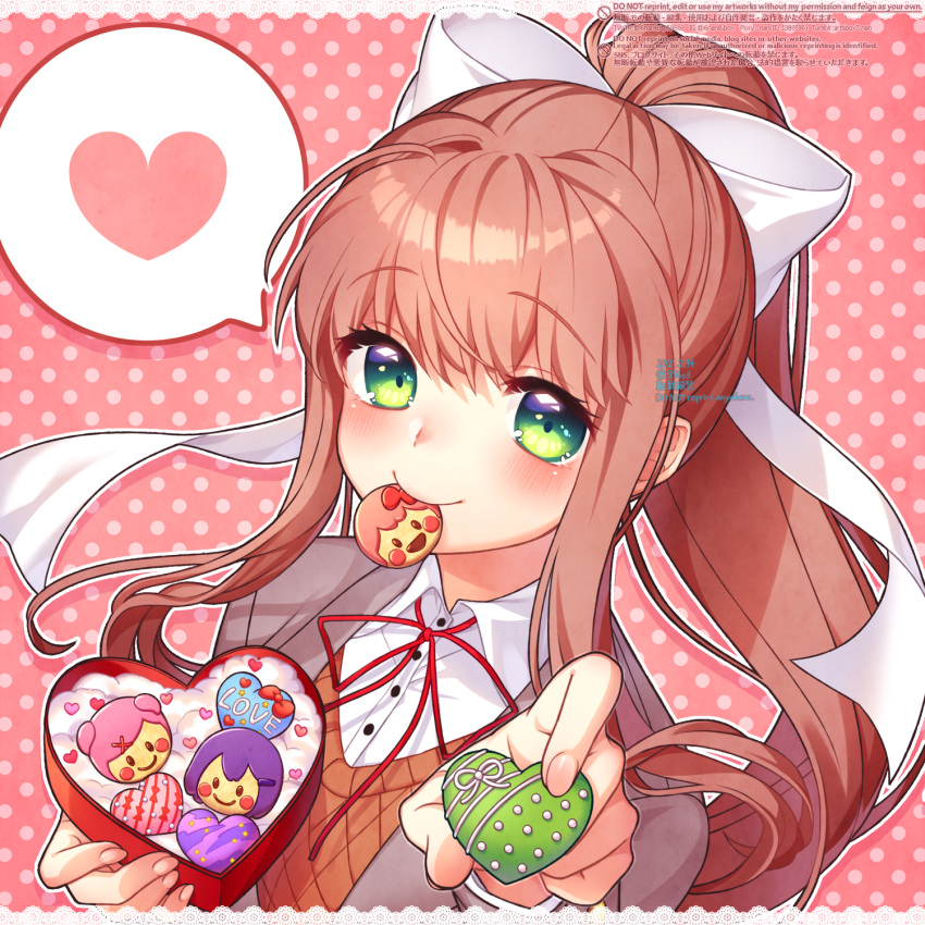 1girl, bangs, blush, box, brown_hair, commentary_request, doki_doki_literature_club, eyebrows_visible_through_hair