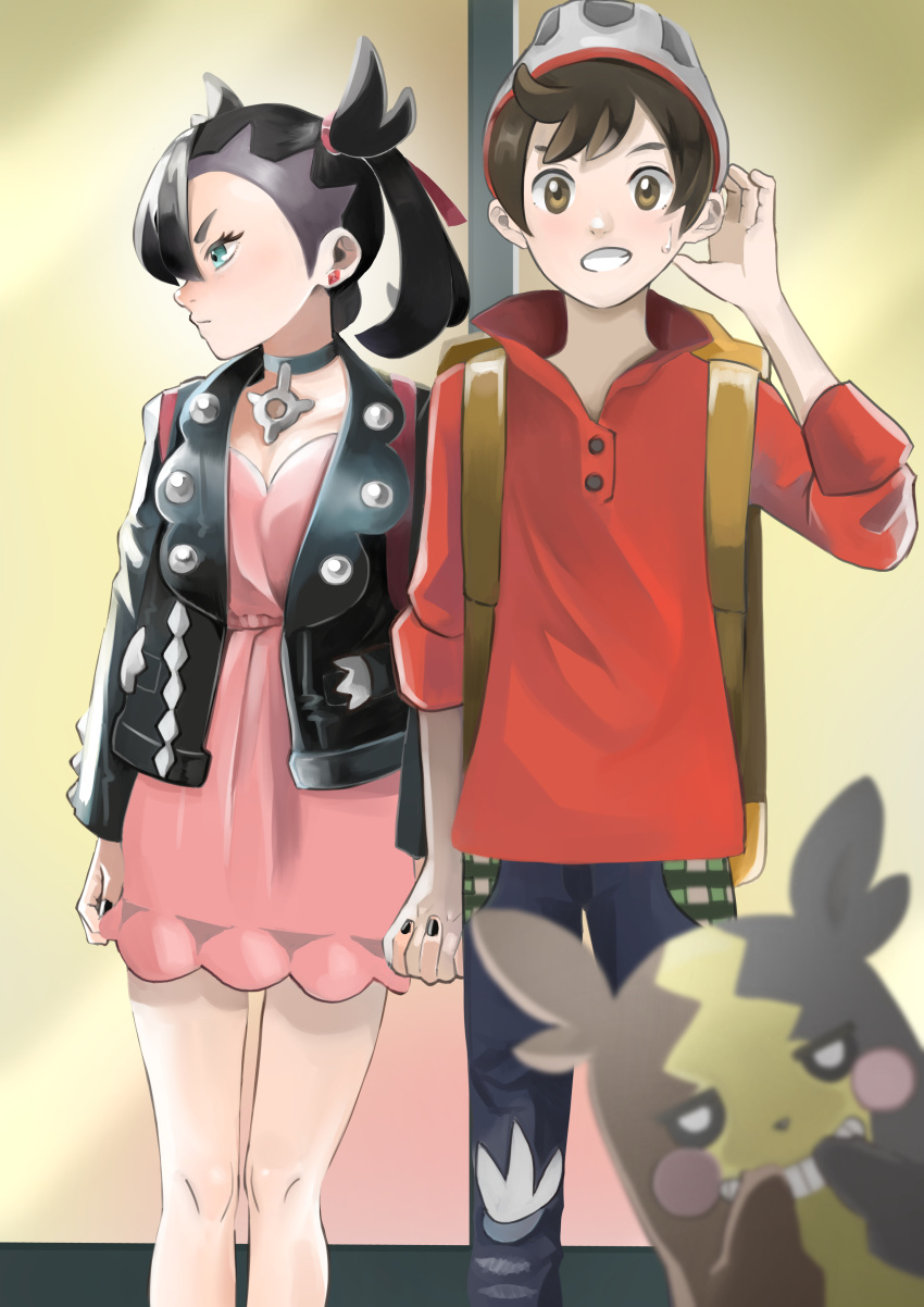 1boy, 1girl, absurdres, asymmetrical_bangs, bangs, black_choker, black_hair, black_jacket, black_nails, blurry, blurry_foreground, blush, breasts, brown_hair, choker, collarbone, commentary_request, dress, earrings, feet_out_of_frame, gen_8_pokemon, grin, hair_ribbon, hand_up, hands_over_own_mouth, hat, highres, jacket, jewelry, jitome_no_tsugumi, long_sleeves, looking_at_viewer, looking_away, looking_to_the_side, marnie_(pokemon), medium_hair, morpeko, pants, pink_dress, pokemon, pokemon_(creature), pokemon_(game), pokemon_swsh, red_ribbon, red_shirt, ribbon, shirt, short_hair, smile, standing, sweatdrop, twintails, victor_(pokemon)