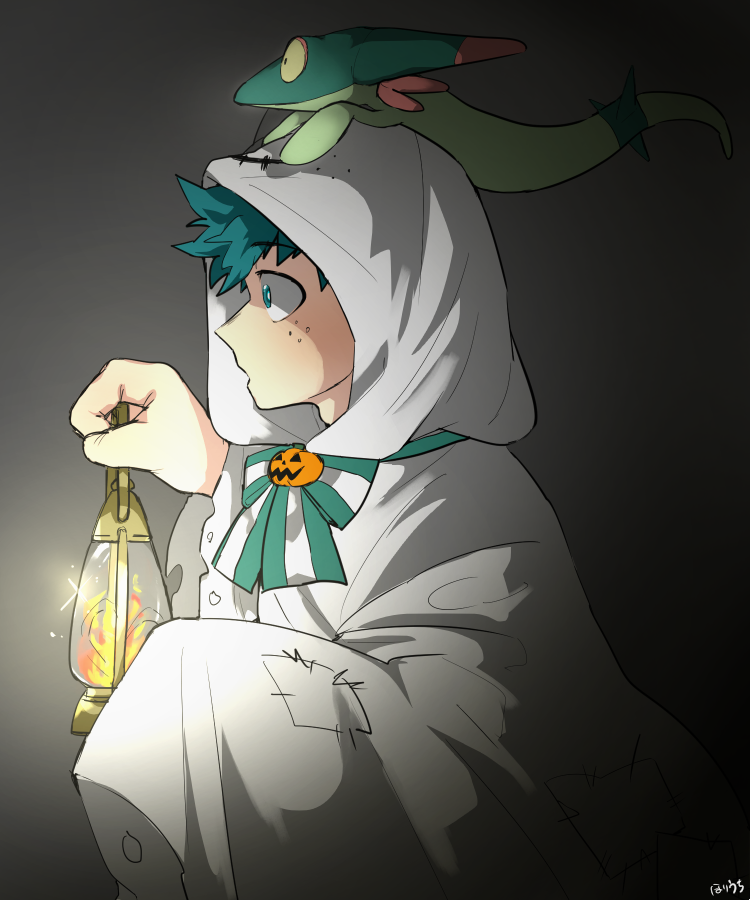 1boy, aqua_eyes, black_background, boku_no_hero_academia, bow, bowtie, commentary_request, dreepy, fire, flame, freckles, gen_8_pokemon, ghost_costume, green_bow, green_eyes, green_hair, halloween_costume, hand_up, holding, hood, hood_up, lamp, long_sleeves, male_focus, midoriya_izuku, official_alternate_costume, on_head, open_mouth, pink_dynamite09, pokemon, pokemon_(creature), pokemon_on_head, profile, pumpkin, robe, short_hair, signature, solo, striped, striped_bow, upper_body