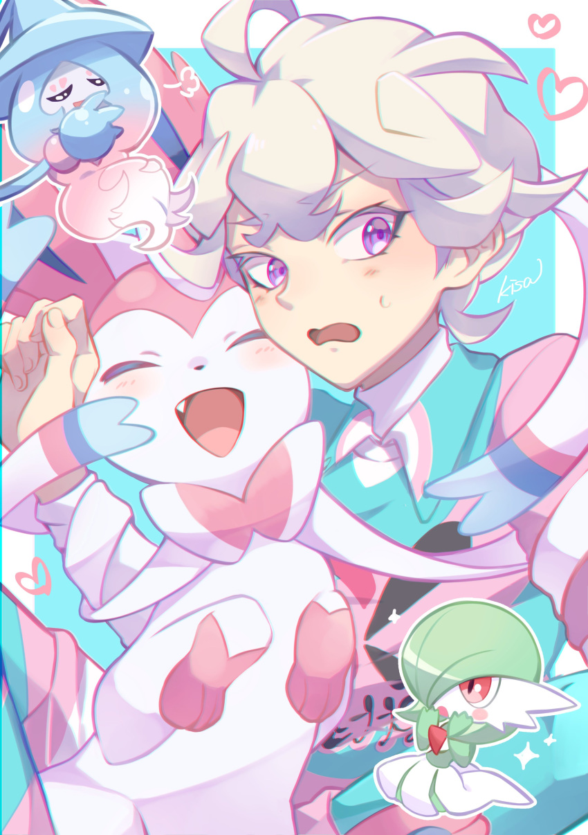 1boy, absurdres, ahoge, bangs, bede_(pokemon), blonde_hair, blush, collared_shirt