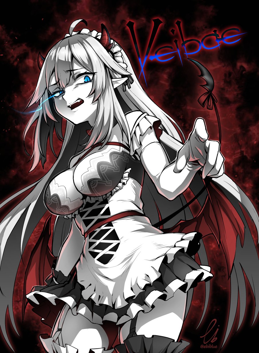 1girl, blue_eyes, breasts, character_name, demon_tail, demon_wings, ebiblue, fangs