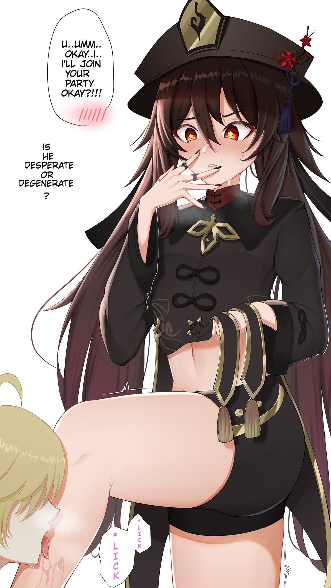 1boy, 1girl, absurdres, aether_(genshin_impact), alfa_(alpharig), black_headwear, black_nails, black_shirt, black_shorts, blonde_hair, brown_hair, chinese_clothes, clenched_teeth, commentary, embarrassed, english_commentary, english_text, flower, genshin_impact, hair_between_eyes, hand_up, hat, hat_flower, hetero, highres, hu_tao, jewelry, knee_up, leg_licking, licking, lifted_by_self, long_hair, long_sleeves, looking_down, midriff, multiple_rings, nail_polish, navel, red_eyes, ring, saliva, shirt, shirt_lift, short_shorts, shorts, simple_background, solo_focus, speech_bubble, standing, standing_on_one_leg, star-shaped_pupils, star_(symbol), sweat, symbol-shaped_pupils, tailcoat, teeth, thighs, tongue, tongue_out, trembling, twintails, very_long_hair, white_background