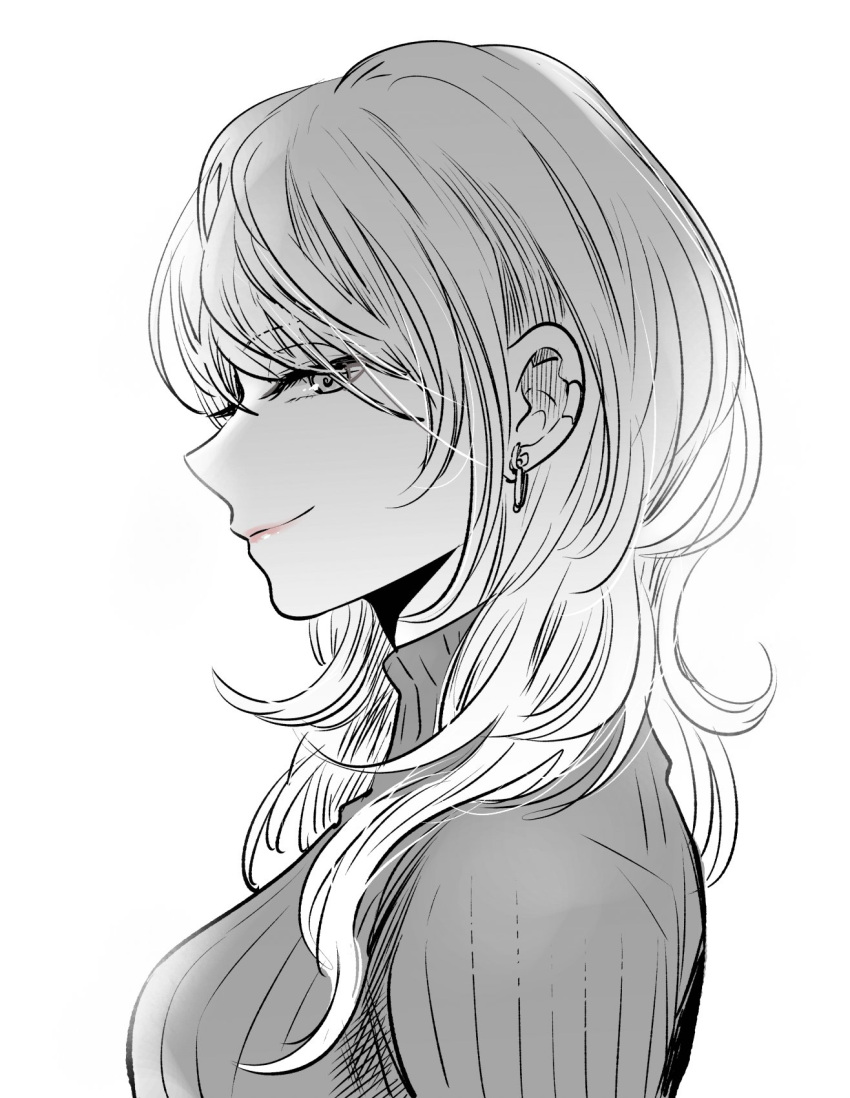 1girl, close-up, ear_piercing, earrings, face, from_side, greyscale, hair_over_one_eye