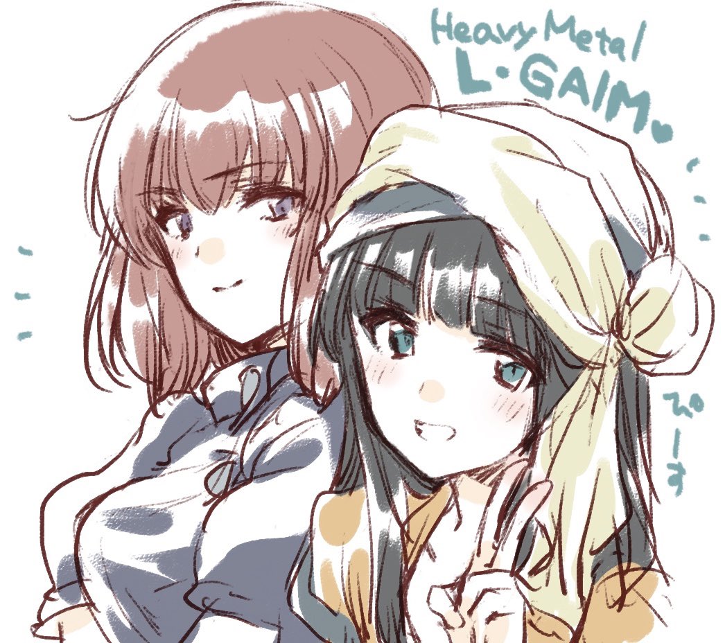 2girls, bangs, black_hair, blunt_bangs, blush, breasts, copyright_name, fanneria_amu