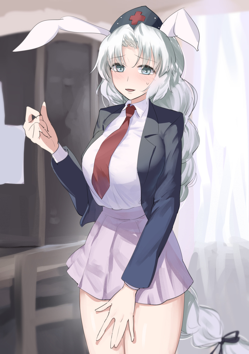 1girl, absurdres, animal_ears, bangs, black_jacket, blush, braid, breasts