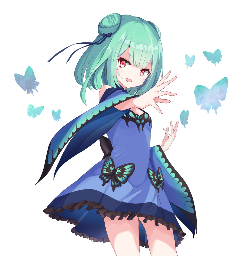1girl, bangs, bare_shoulders, blonde_hair, blunt_bangs, bow, breasts, bug