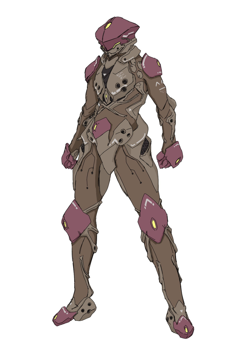 armor, clenched_hands, full_body, highres, looking_ahead, mecha_kaku_man, original, power_armor, science_fiction, solo, standing, white_background, yellow_eyes
