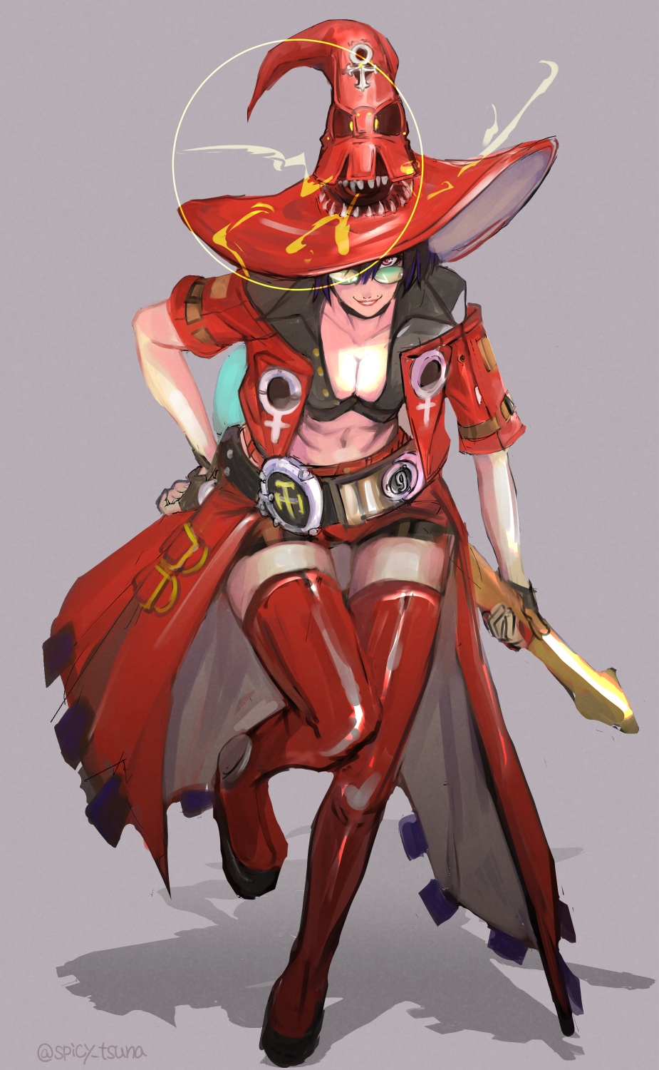1girl, bespectacled, black_gloves, black_hair, black_shorts, bob_cut, boots, breasts, commentary_request, electric_guitar, fingerless_gloves, full_body, glasses, gloves, guilty_gear, guilty_gear_strive, guitar, hand_on_hip, highres, holding, holding_instrument, i-no, instrument, living_clothes, looking_at_viewer, medium_breasts, mole, mole_above_mouth, partially_unbuttoned, red_eyes, red_footwear, red_headwear, red_skirt, rimless_eyewear, short_hair, shorts, shorts_under_skirt, showgirl_skirt, skirt, solo, thigh-highs, thigh_boots, thigh_gap, tsuna_(akmu8832)