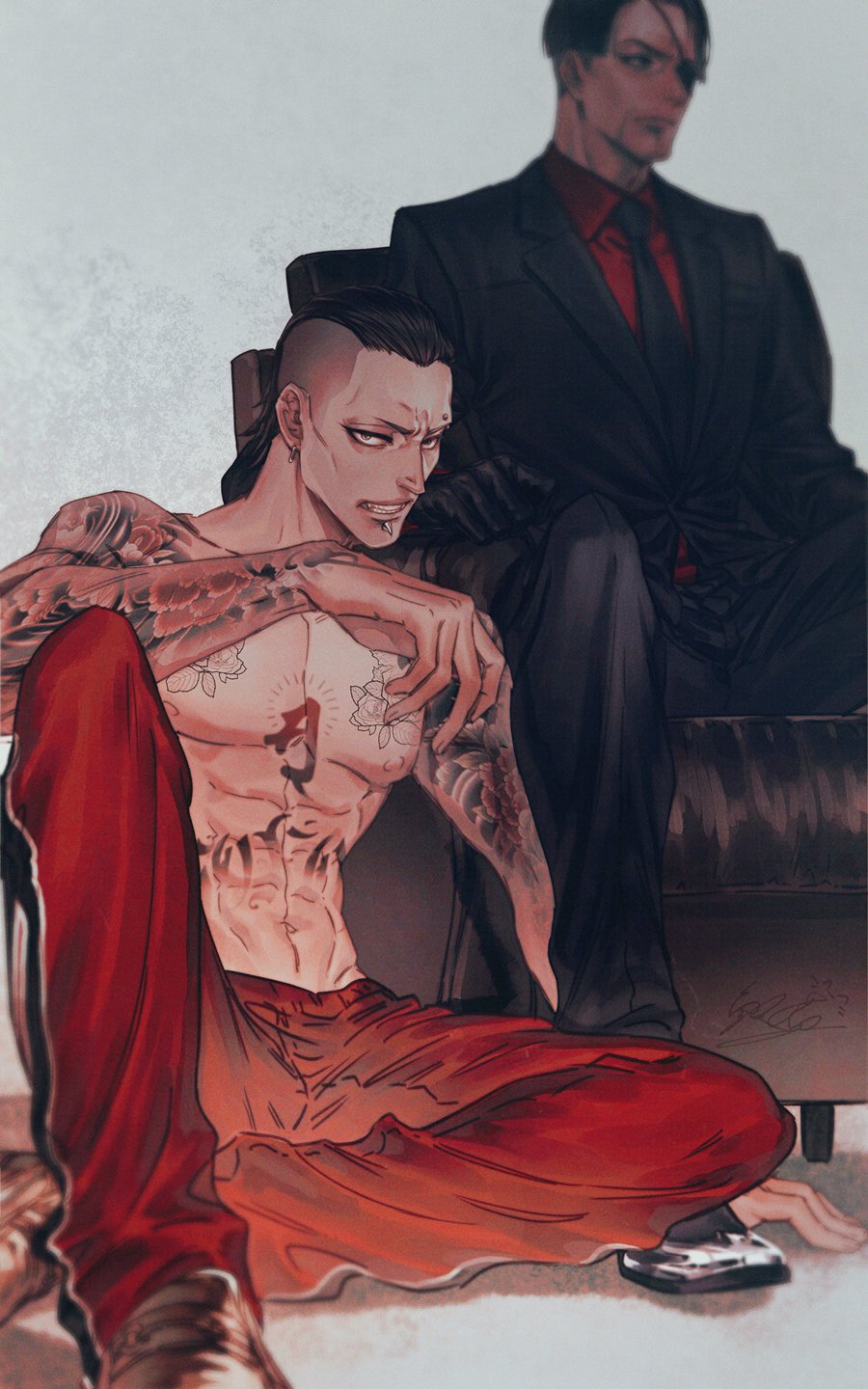 2boys, arm_tattoo, black_eyepatch, black_gloves, black_hair, black_jacket, black_neckwear, black_suit