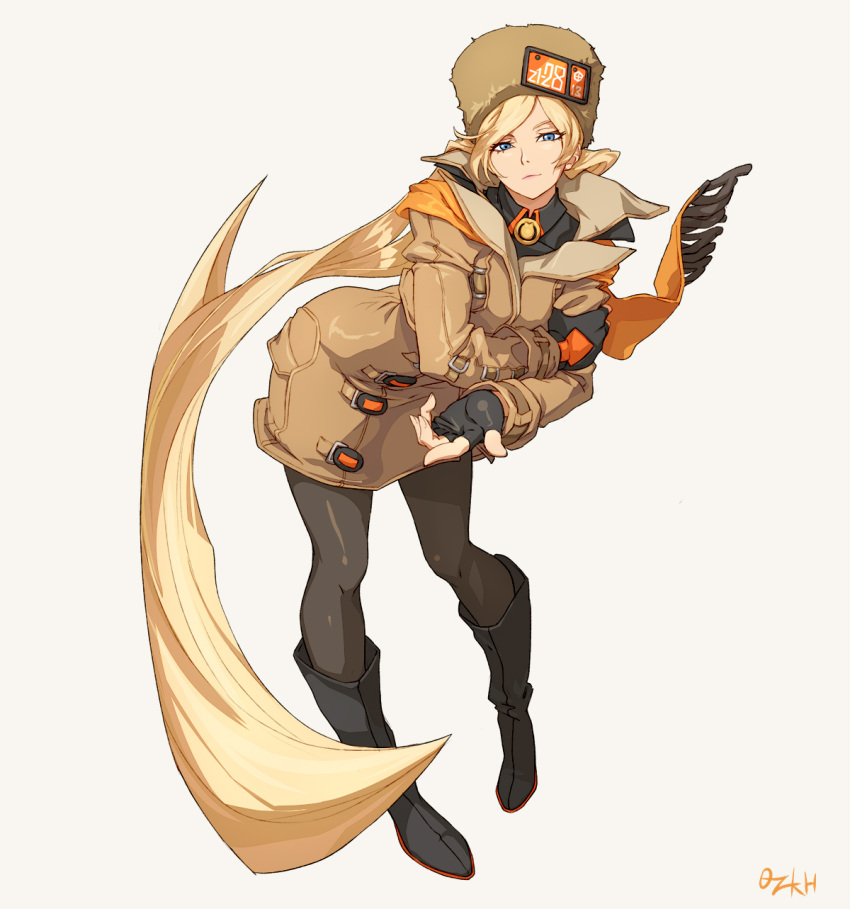 1girl, arm_scarf, artist_name, black_gloves, blonde_hair, blue_eyes, boots, brown_headwear