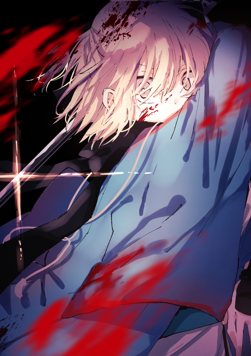 1girl, absurdres, akarimaru, arm_guards, bangs, black_scarf, blonde_hair, blood