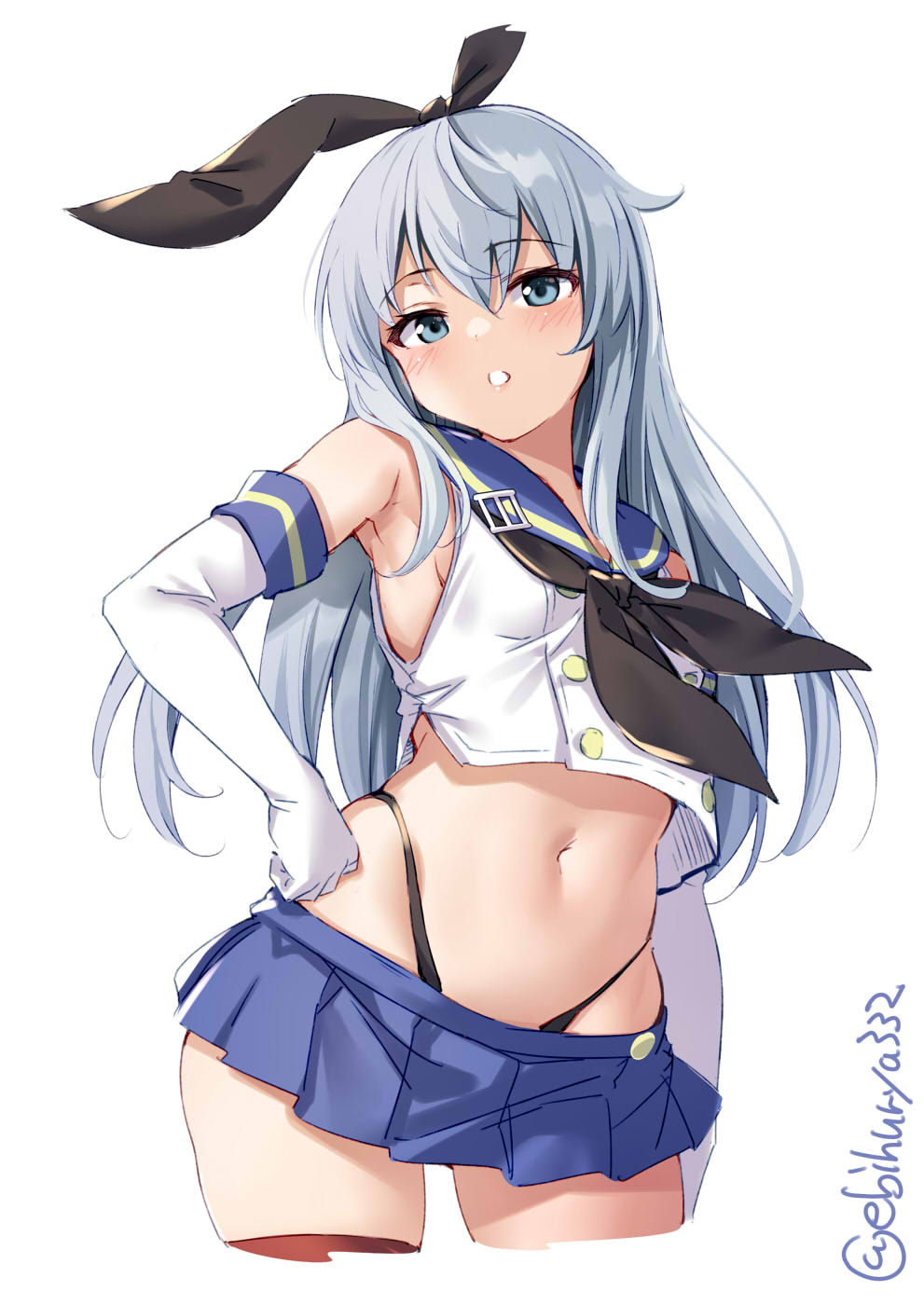 1girl, black_panties, blue_eyes, blue_skirt, blush, cosplay, cowboy_shot, crop_top, ebifurya, elbow_gloves, gloves, hairband, hand_on_hip, hibiki_(kancolle), highleg, highleg_panties, highres, kantai_collection, light_blush, long_hair, looking_at_viewer, microskirt, navel, open_mouth, panties, sailor_collar, shimakaze_(kancolle), shimakaze_(kancolle)_(cosplay), silver_hair, simple_background, skirt, solo, standing, stomach, striped, striped_legwear, thigh-highs, thong, twitter_username, underwear, white_background, white_gloves