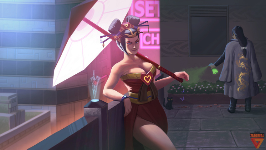 1girl, 1other, adapted_costume, alternate_universe, animal, backlighting, bare_shoulders, black_cat