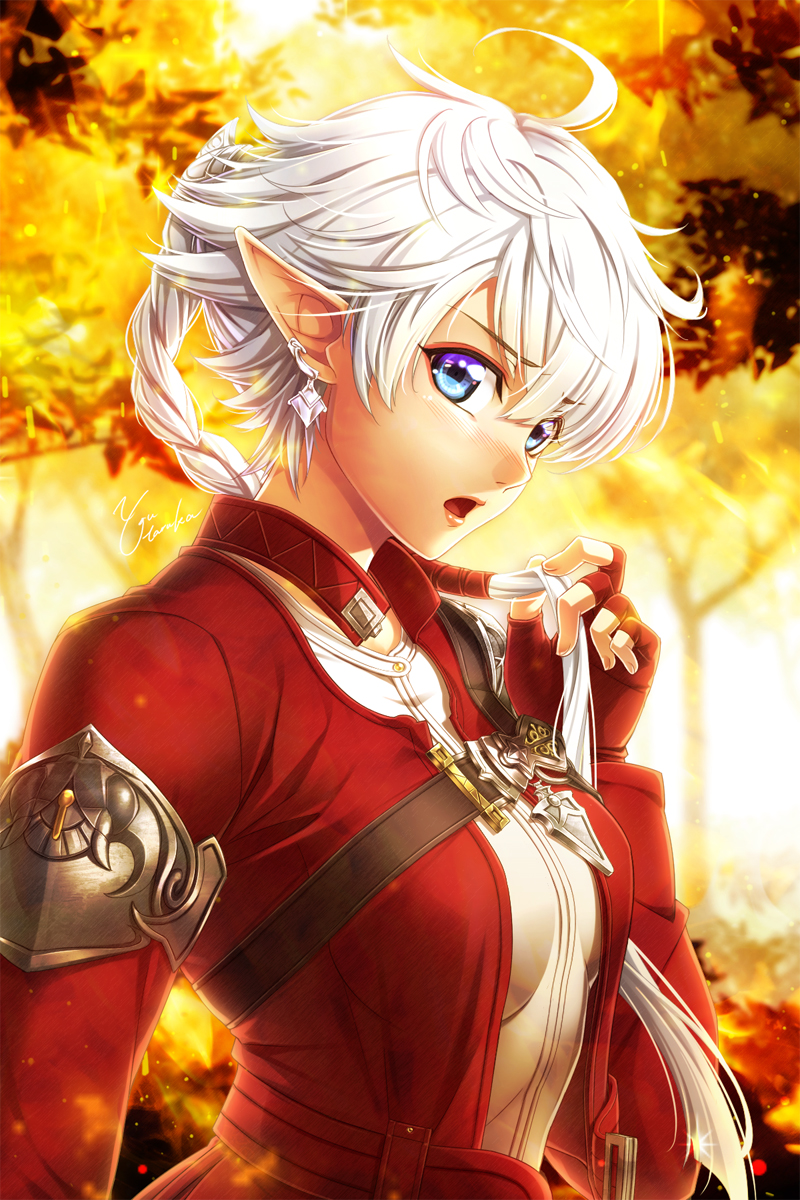alisaie_leveilleur, blue_eyes, blush, breasts, check_commentary, chest_belt, commentary, commentary_request