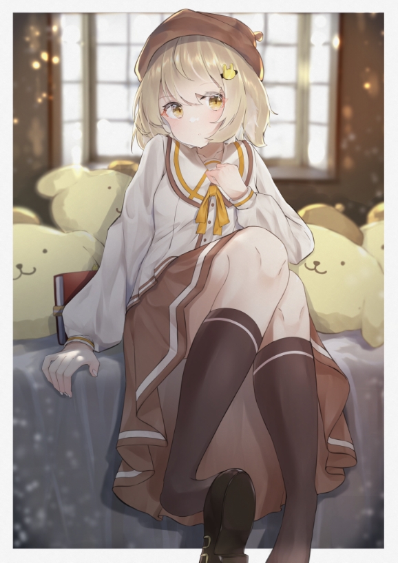 1girl, ahoge, animare, bangs, black_footwear, blush, book, border, brown_headwear, brown_legwear, bunny_hair_ornament, clenched_hand, closed_mouth, collarbone, dress, eyebrows_visible_through_hair, foreshortening, hair_ornament, hat, inaba_haneru_(animare), indoors, jacket, kneehighs, light_brown_hair, long_dress, long_sleeves, looking_at_viewer, pleated_skirt, puffy_long_sleeves, puffy_sleeves, ribbon, school_uniform, sena_(sena_soar), shoe_removed, shoes, short_hair, sidelocks, sitting, skirt, sleeve_cuffs, solo, striped, striped_legwear, striped_skirt, stuffed_animal, stuffed_toy, virtual_youtuber, white_border, white_jacket, window, yellow_eyes