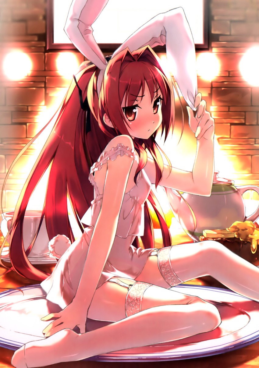 absurdres, animal_ears, annoyed, blush, bunny_ears, corticarte_apa_lagranges, cup, fake_animal_ears, frills, garter_belt, garter_straps, girl_on_a_plate, hair_intakes, highres, kantoku, long_hair, minigirl, oversized_object, plate, rabbit_ears, red_eyes, red_hair, redhead, shinkyoku_soukai_polyphonica, sitting, solo, strap_slip, teacup, teapot, thighhighs, very_long_hair
