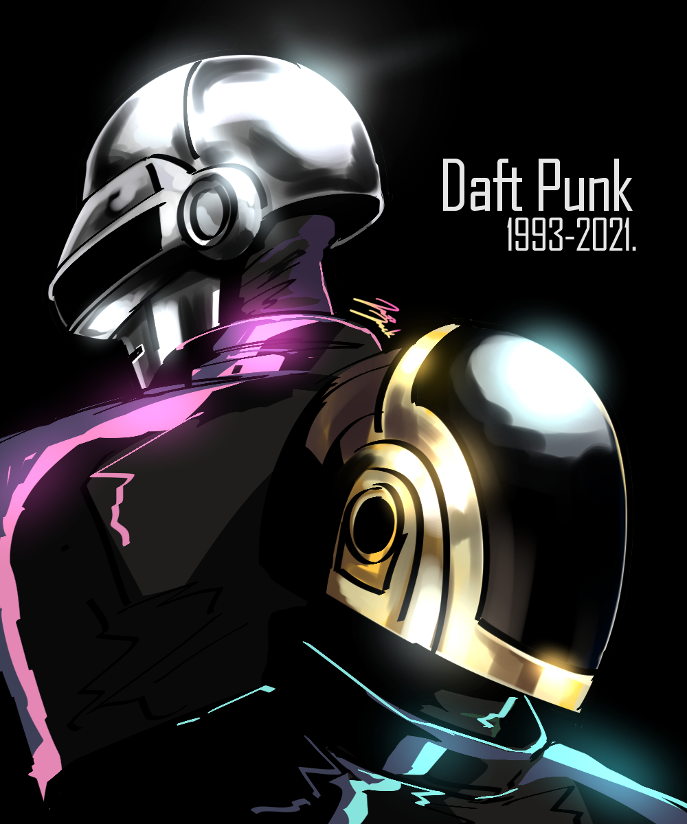 2boys, back-to-back, black_background, black_coat, character_name, coat, collared_coat, daft_punk, dated, group_name, guy-manuel_de_homem-christo, helmet, highres, jazz_jack, male_focus, multiple_boys, shiny, shiny_clothes, simple_background, thomas_bangalter, upper_body