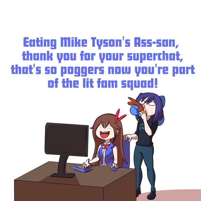 2girls, absurdres, black_eyes, black_shirt, blue_hair, bow, breasts, brown_hair, chibi, coffee, cup, english_text, glasses, hair_bow, hair_ornament, highres, holding, holding_cup, hololive, holykoshi, long_hair, medium_breasts, mike_tyson, monitor, mug, multiple_girls, open_mouth, profanity, shirt, smile, spitting, star_(symbol), star_hair_ornament, surprised, t-shirt, tokino_sora, yuujin_a_(hololive)