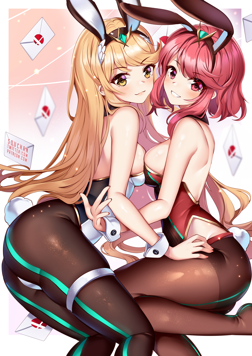 2girls, alternate_costume, animal_ears, artist_name, ass, bangs, bare_arms, bare_shoulders