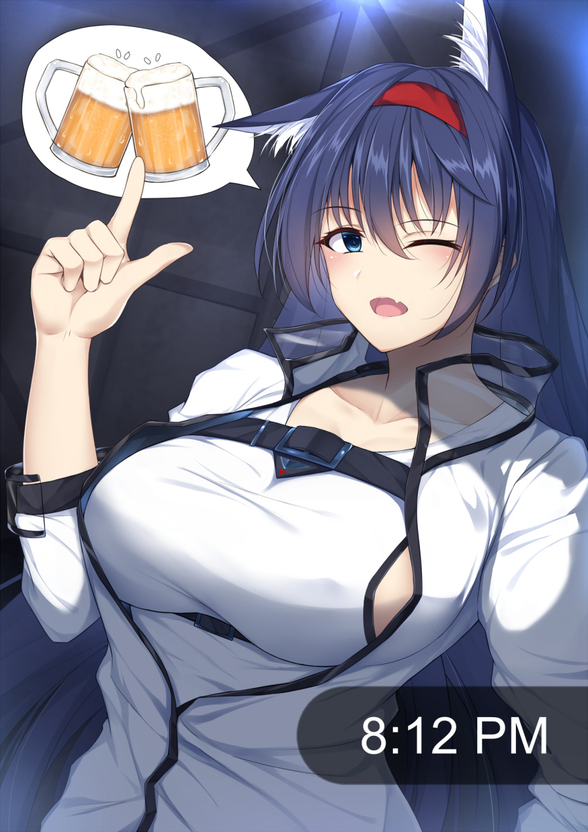 1girl, alcohol, animal_ears, arknights, beer, beer_mug, black_hair, blaze_(arknights)